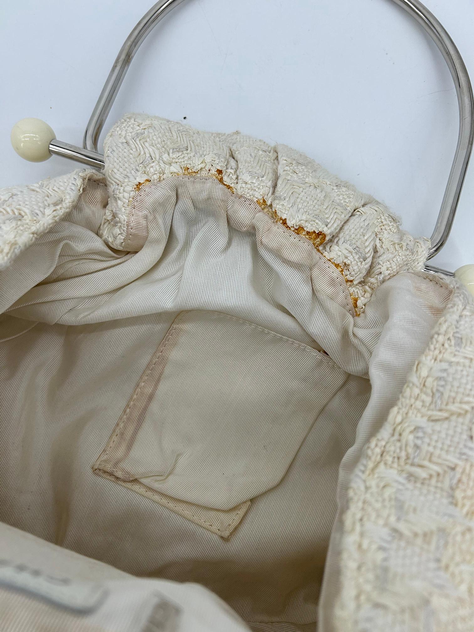 Chanel Cream Tweed Boucle Knitting Bag For Sale 8