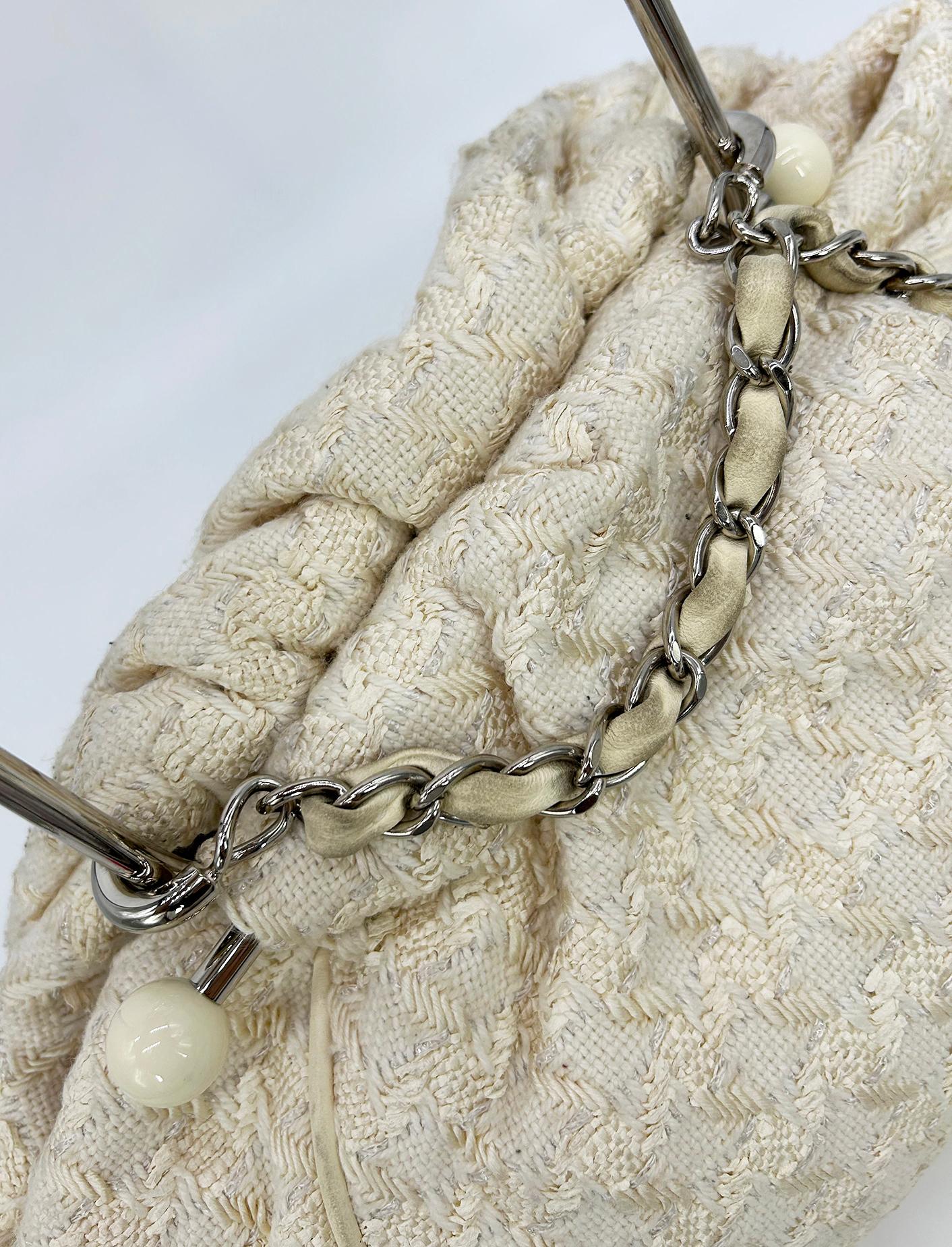 Chanel Cream Tweed Boucle Knitting Bag For Sale 11