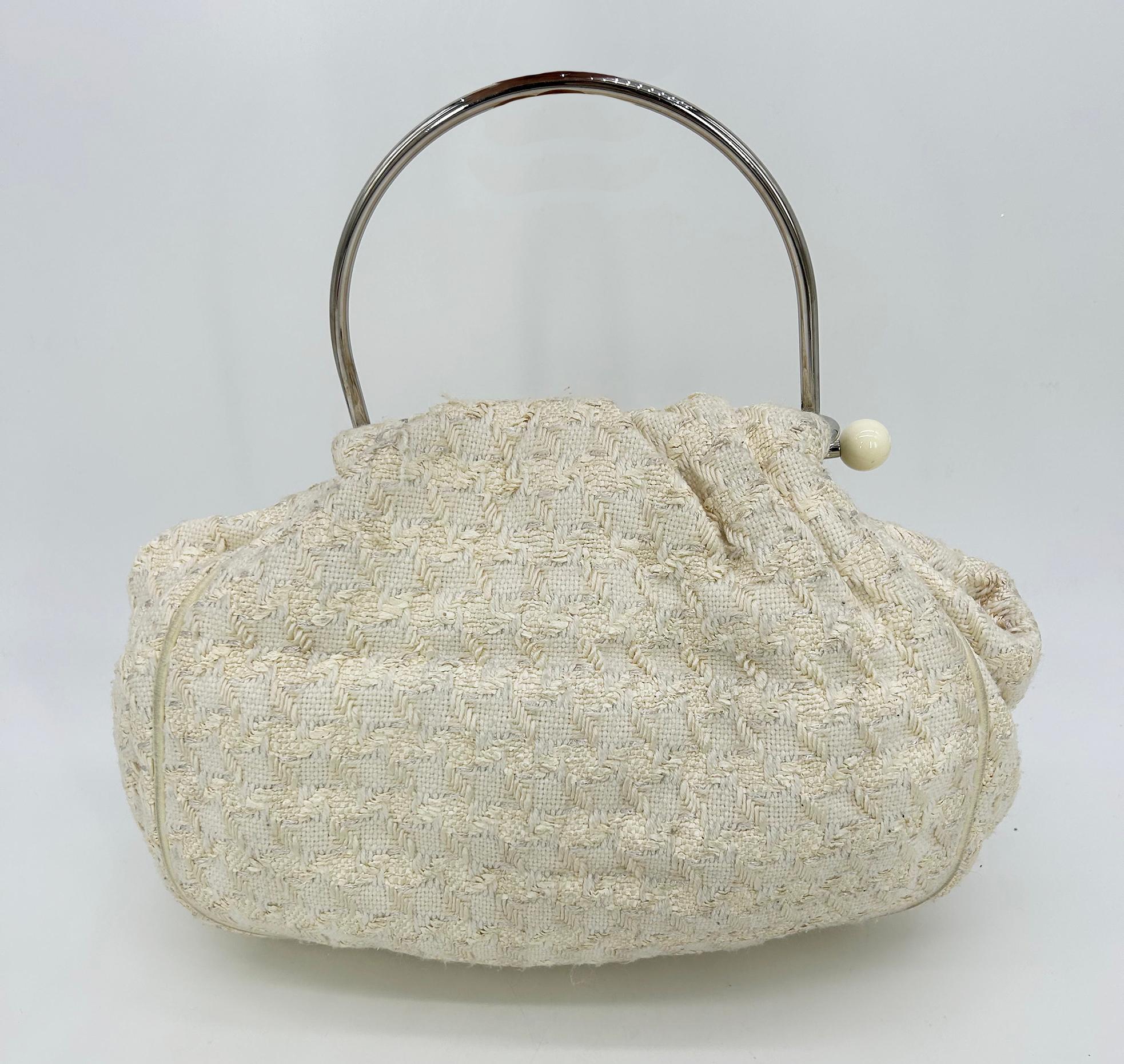 Gray Chanel Cream Tweed Boucle Knitting Bag For Sale