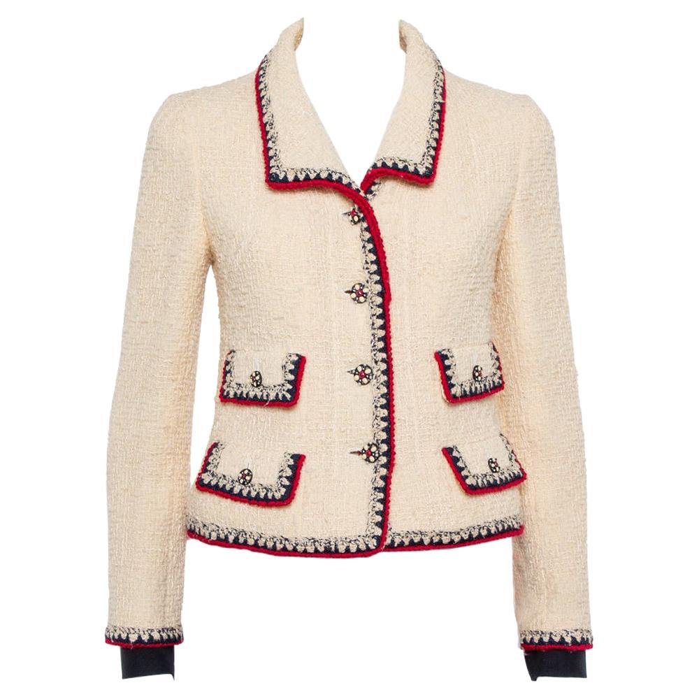 Chanel Cream Tweed Contrast Trim Detail Button Front Aztec Jacket M at ...