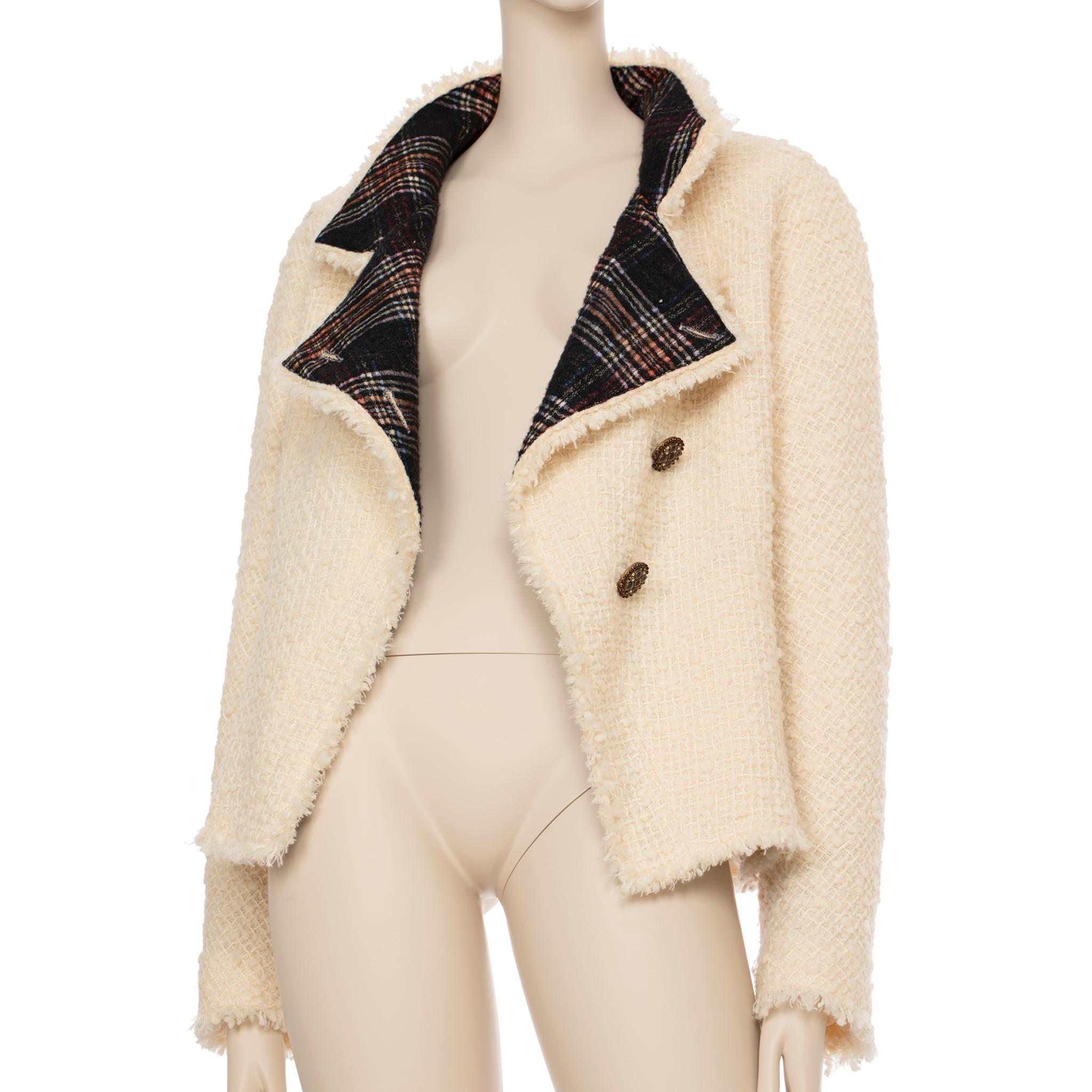 Chanel Cream Tweed Jacket With Plaid Lining 42 FR For Sale 5