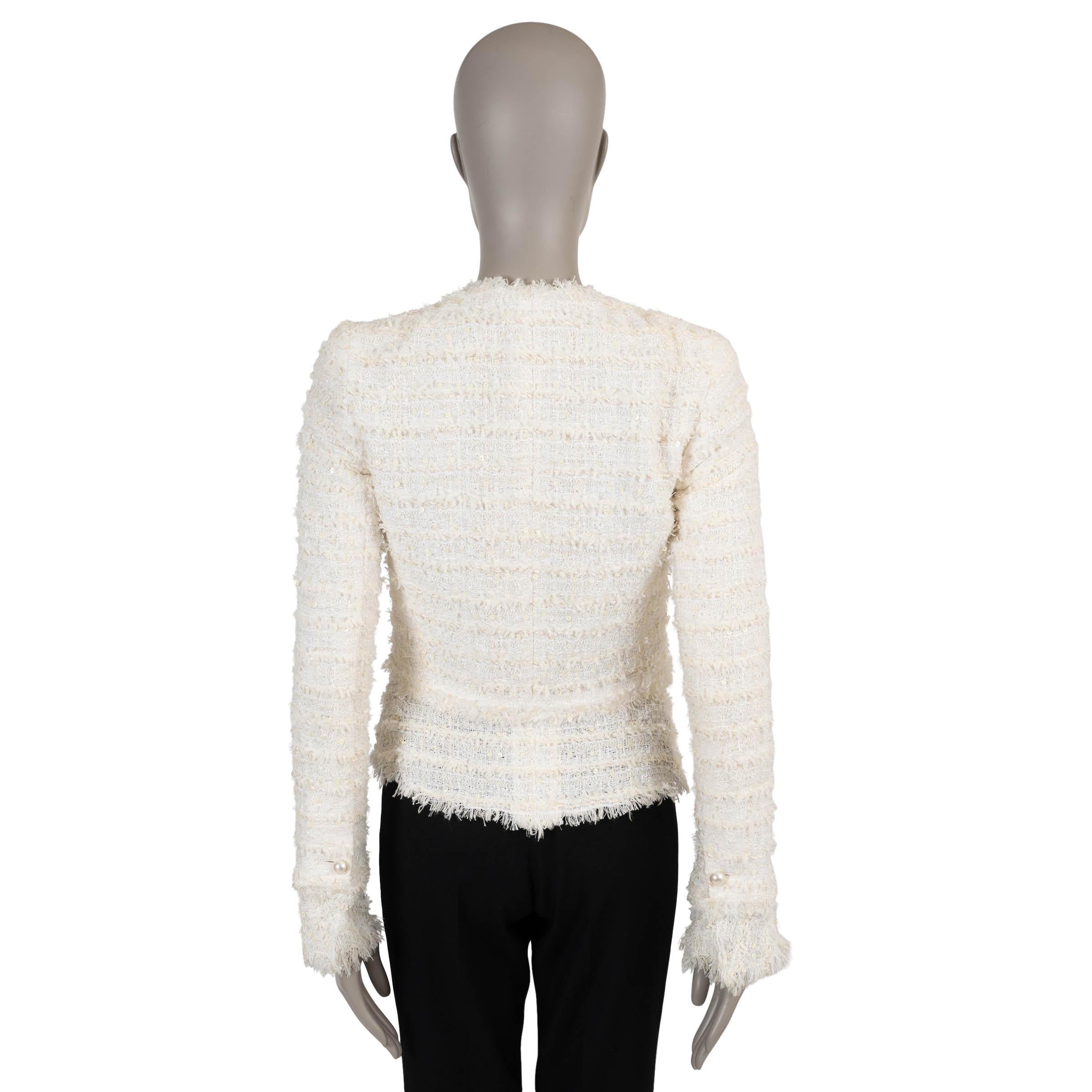 Grigio Chanel crema in viscosa 05P SEQUIN FRINGE TRIM TWEED Giacca 38 S in vendita