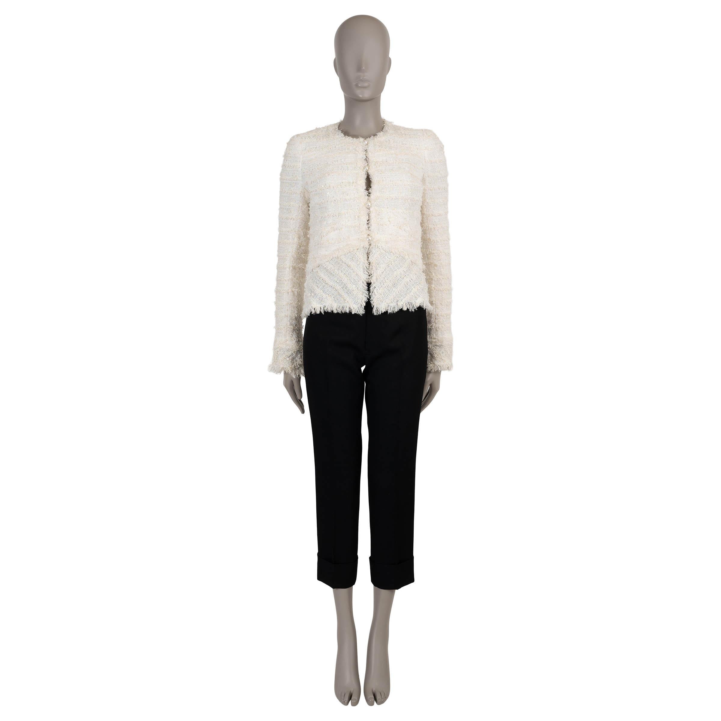 Chanel crema in viscosa 05P SEQUIN FRINGE TRIM TWEED Giacca 38 S In condizioni ottime in vendita a Zürich, CH