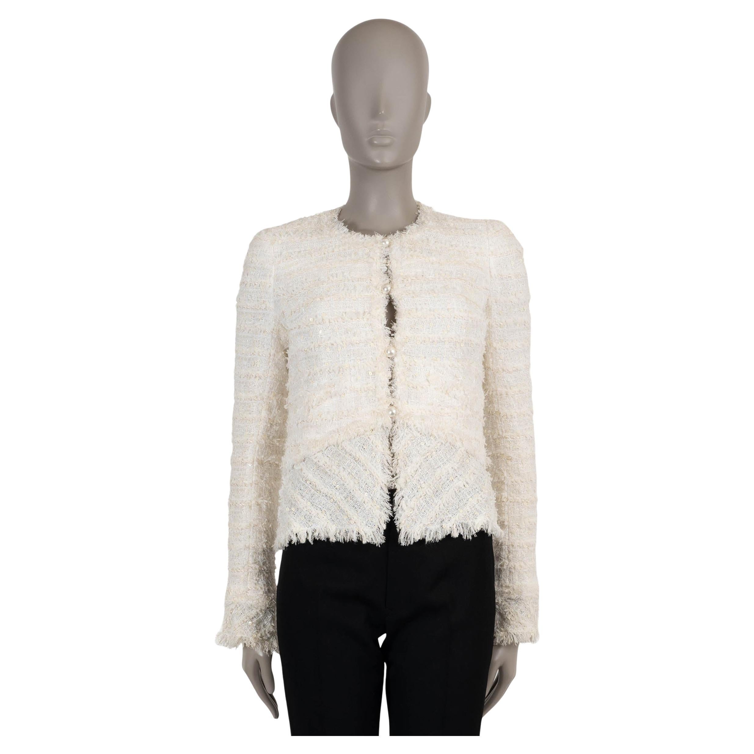 Chanel crema in viscosa 05P SEQUIN FRINGE TRIM TWEED Giacca 38 S in vendita