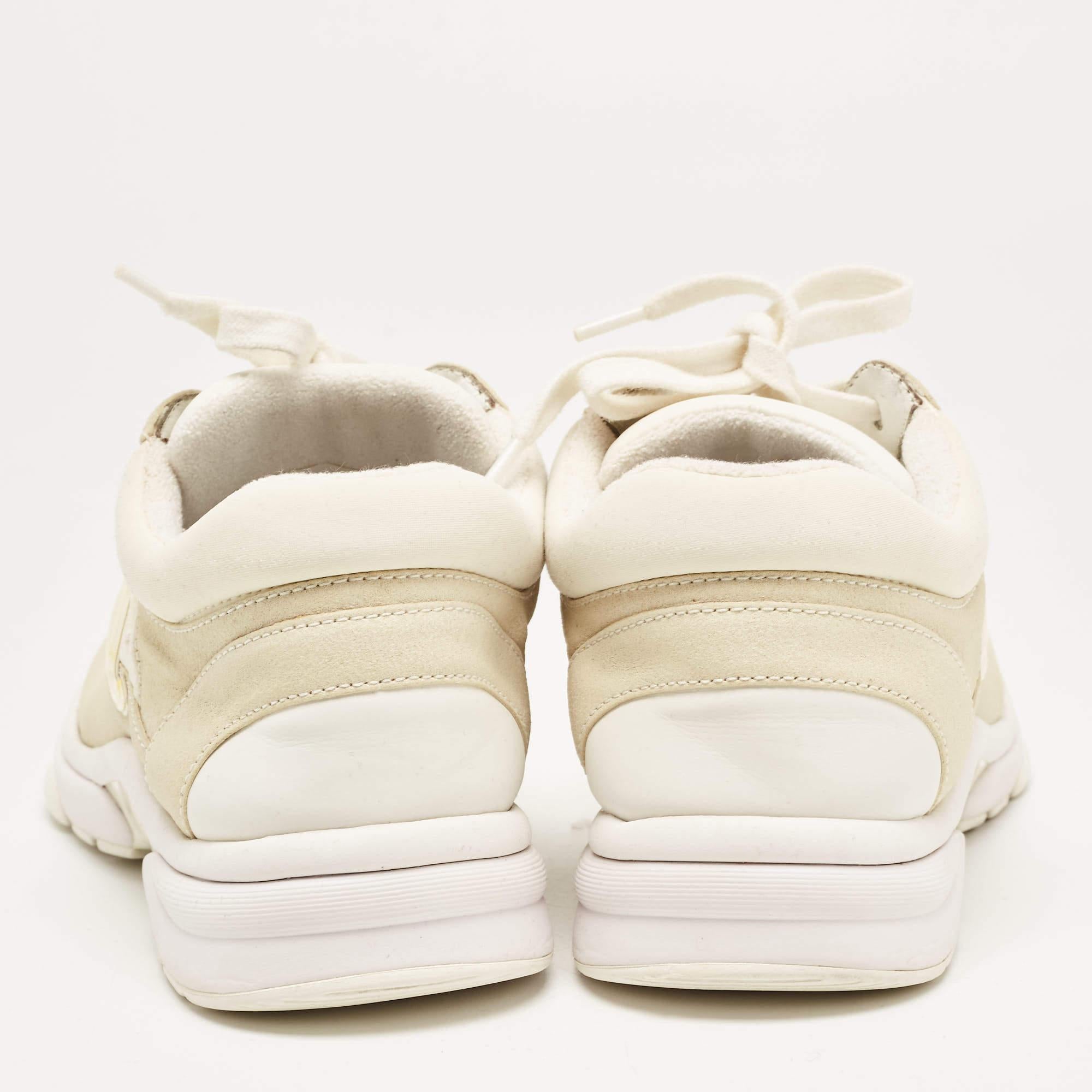 Beige Chanel Cream/White Fabric and Suede CC Low Top Sneakers Size 36