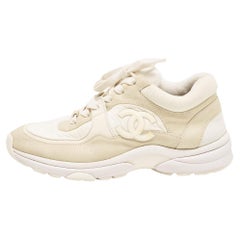 Chanel Cream/White Fabric and Suede CC Low Top Sneakers Size 36