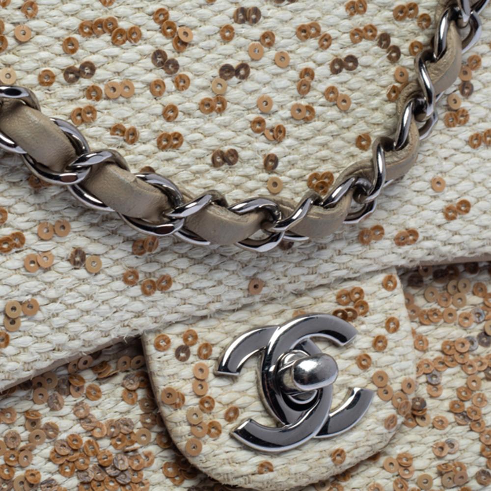 Chanel Cream White Raffia Sequin Single Flap Bag 4