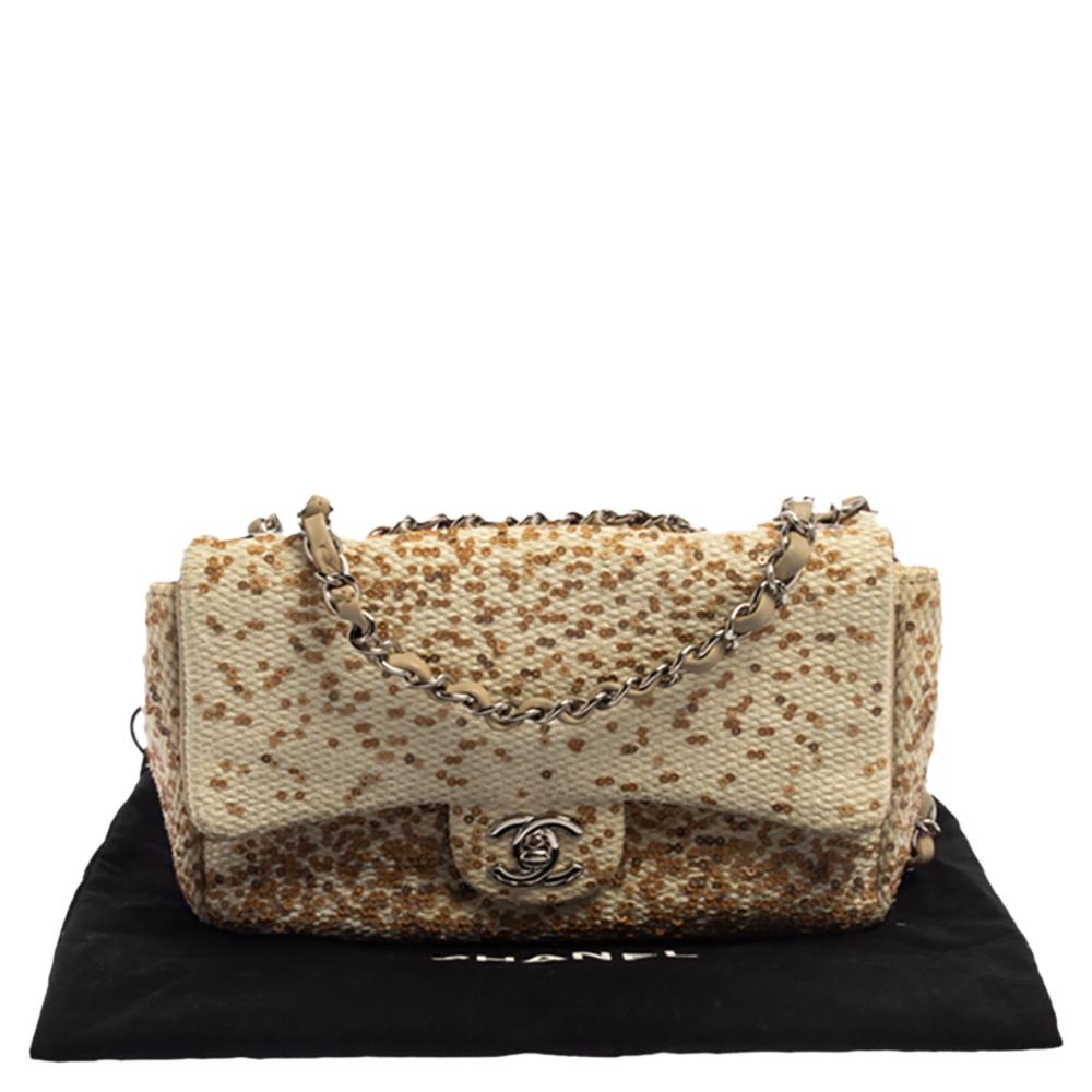 Chanel Cream White Raffia Sequin Single Flap Bag 5