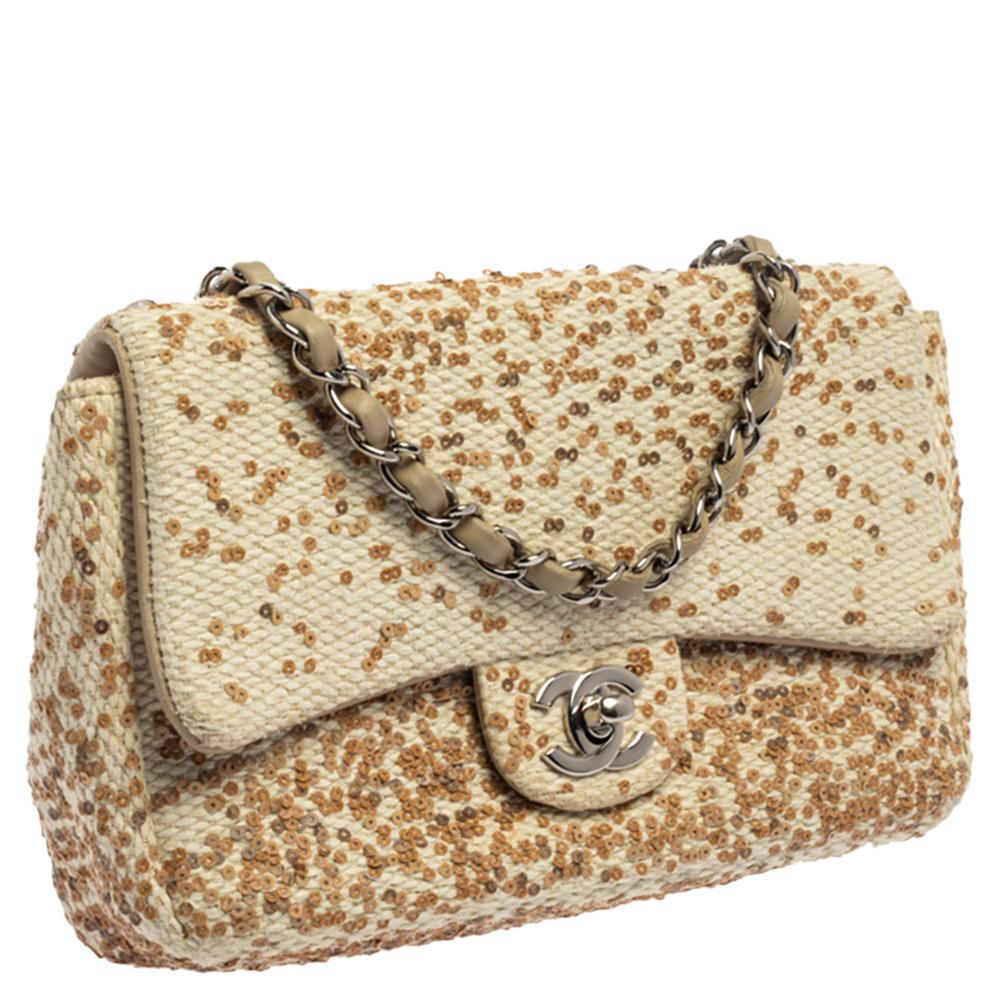 Chanel Creme Weiß Raffia Pailletten einzelne Klappe Tasche Damen