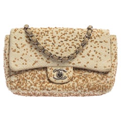 Chanel Cream White Raffia Sequin Single Flap Bag