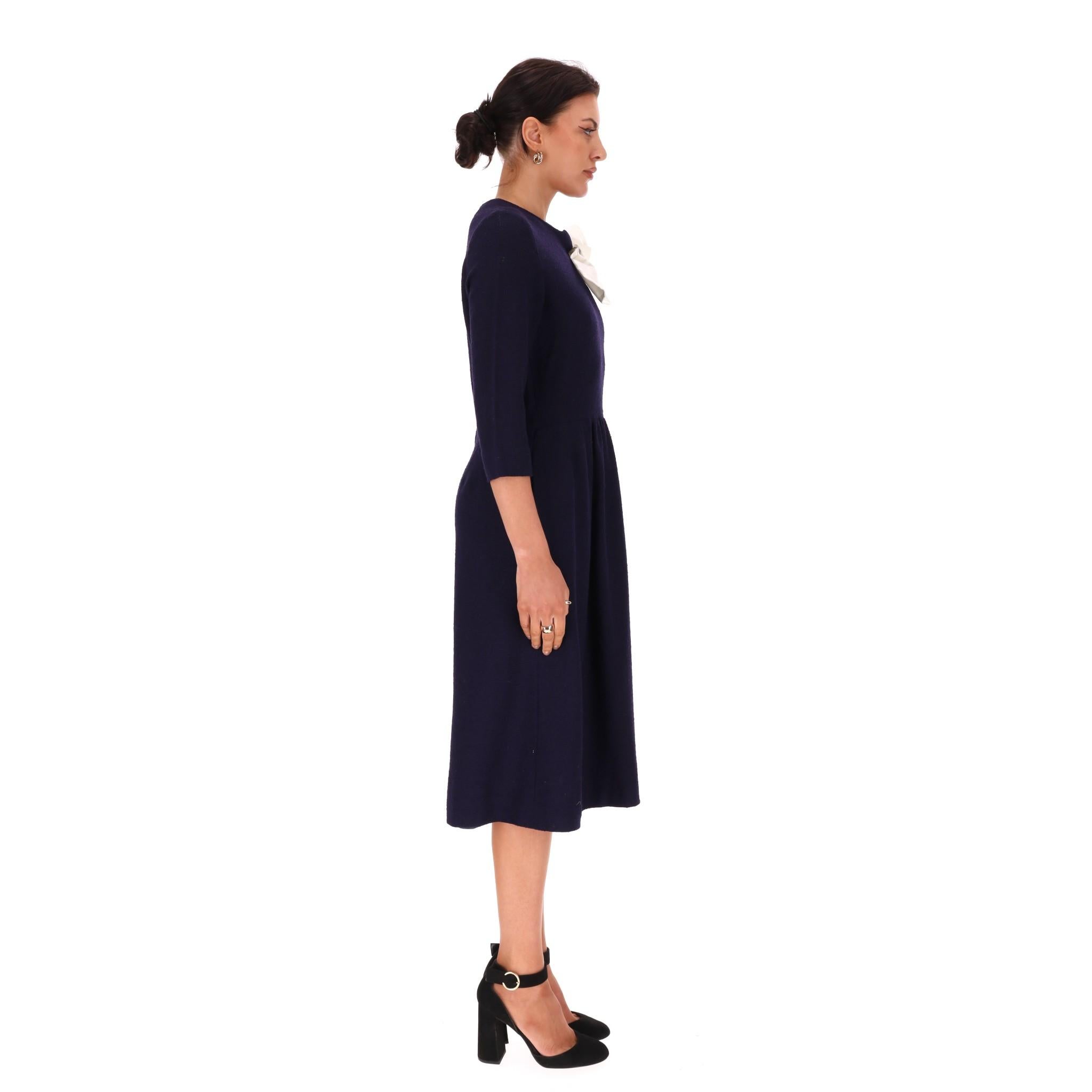 Black Chanel Creations 1970's Bow Detail Wool Dress With Lion Head Buttons For Sale