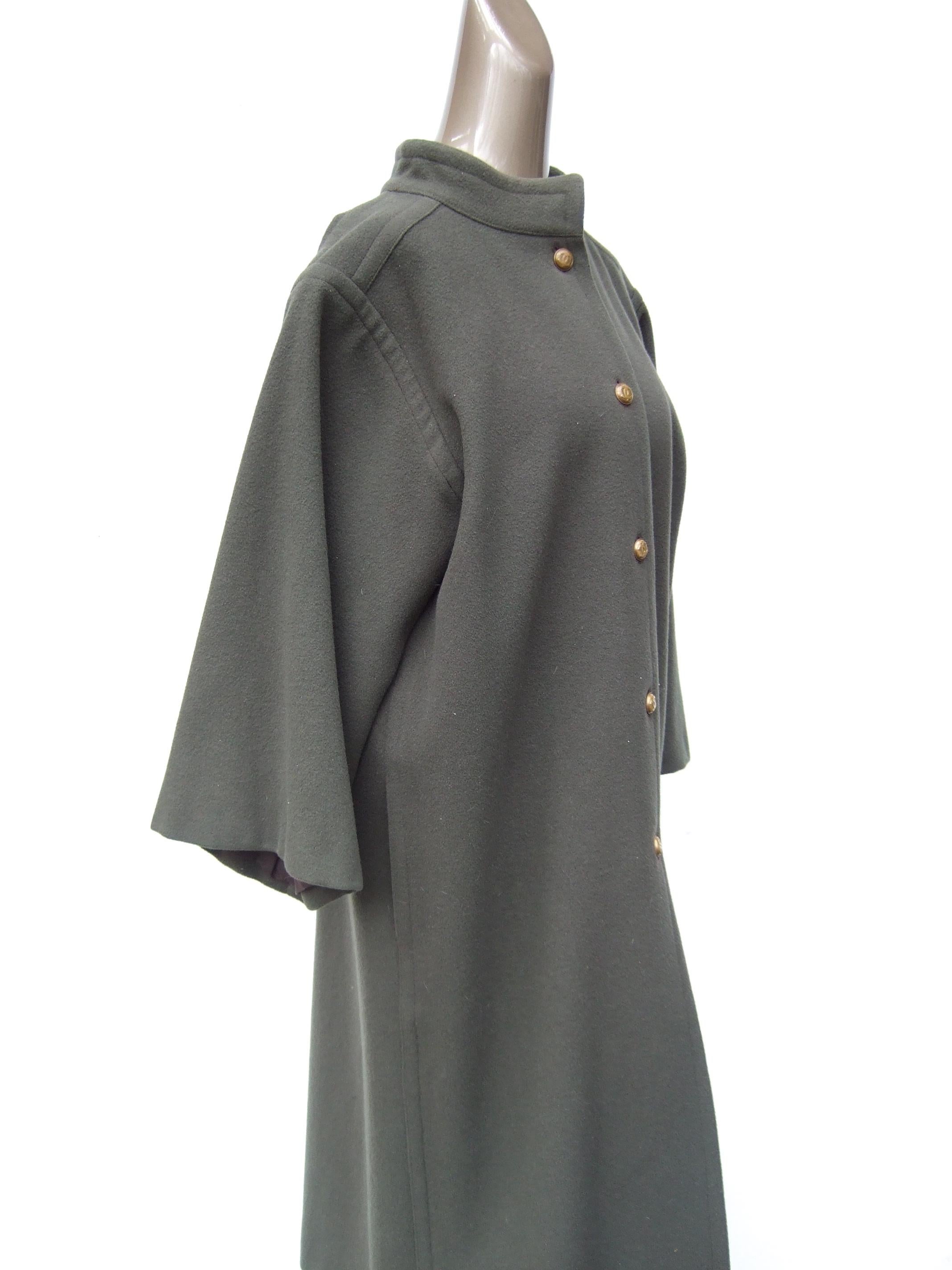 CHANEL Creations Muted Gray - Green Wool Coat with C.C. Buttons c 1980s In Good Condition For Sale In University City, MO