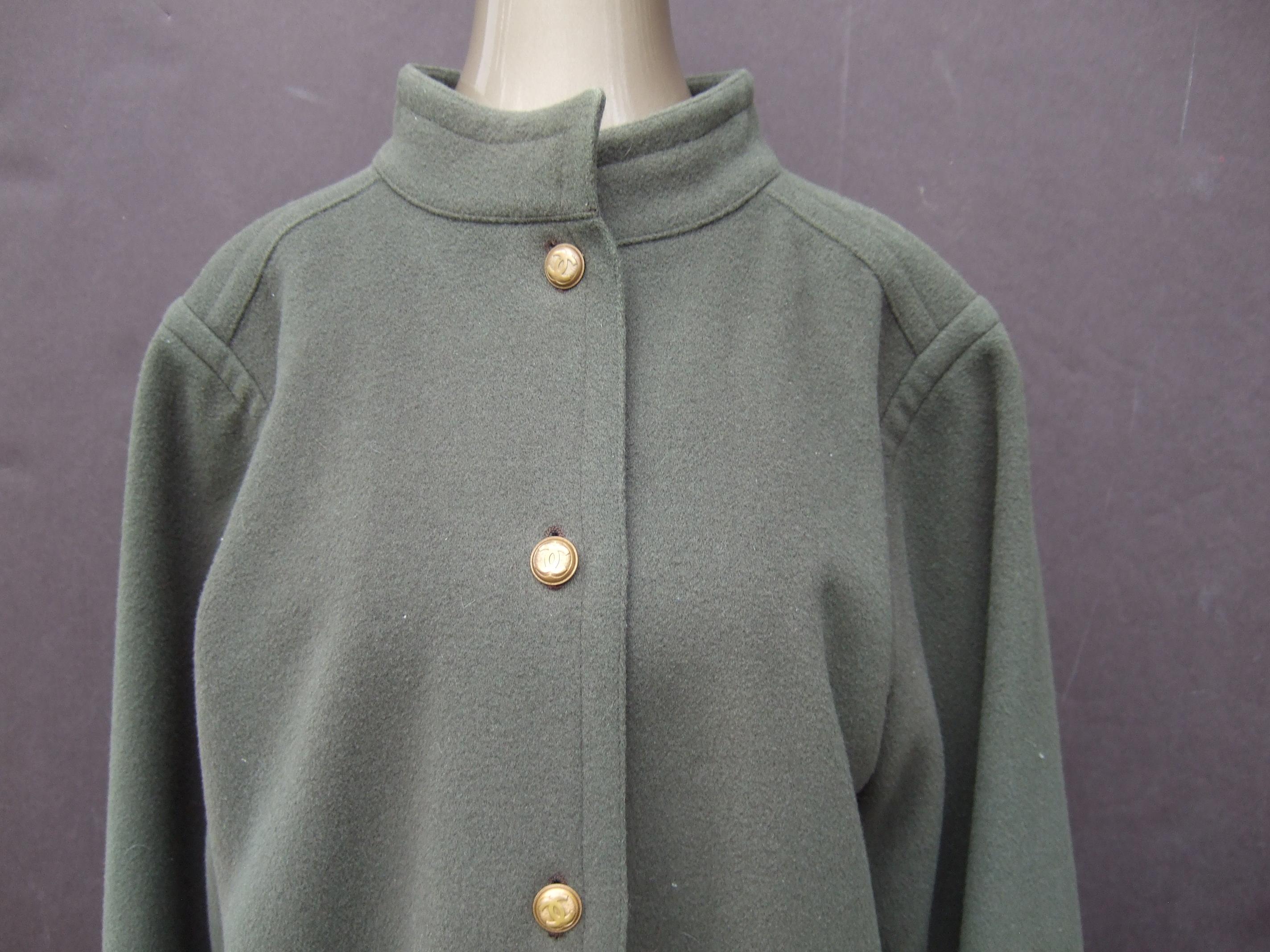 CHANEL Creations Muted Gray - Green Wool Coat with C.C. Buttons c 1980s For Sale 4