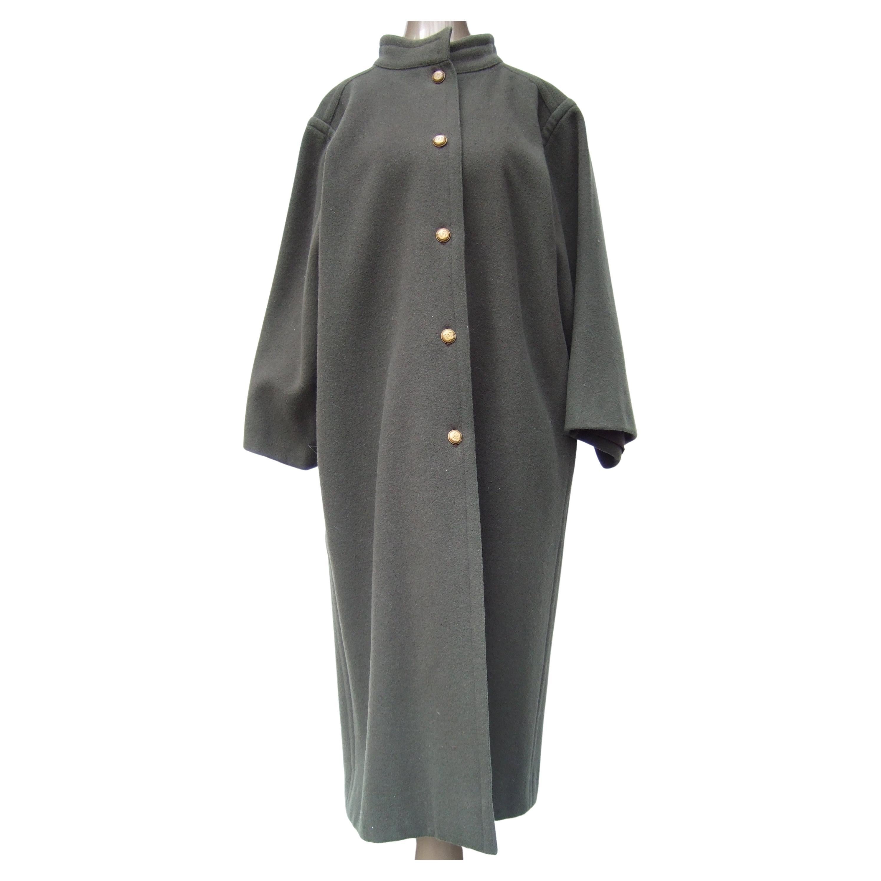 CHANEL Creations Muted Gray - Green Wool Coat with C.C. Buttons c 1980s For Sale
