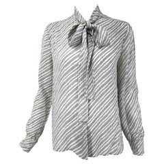 Chanel Creations Pale Grey & Off White Silk Print Bow Tie Blouse 1970s