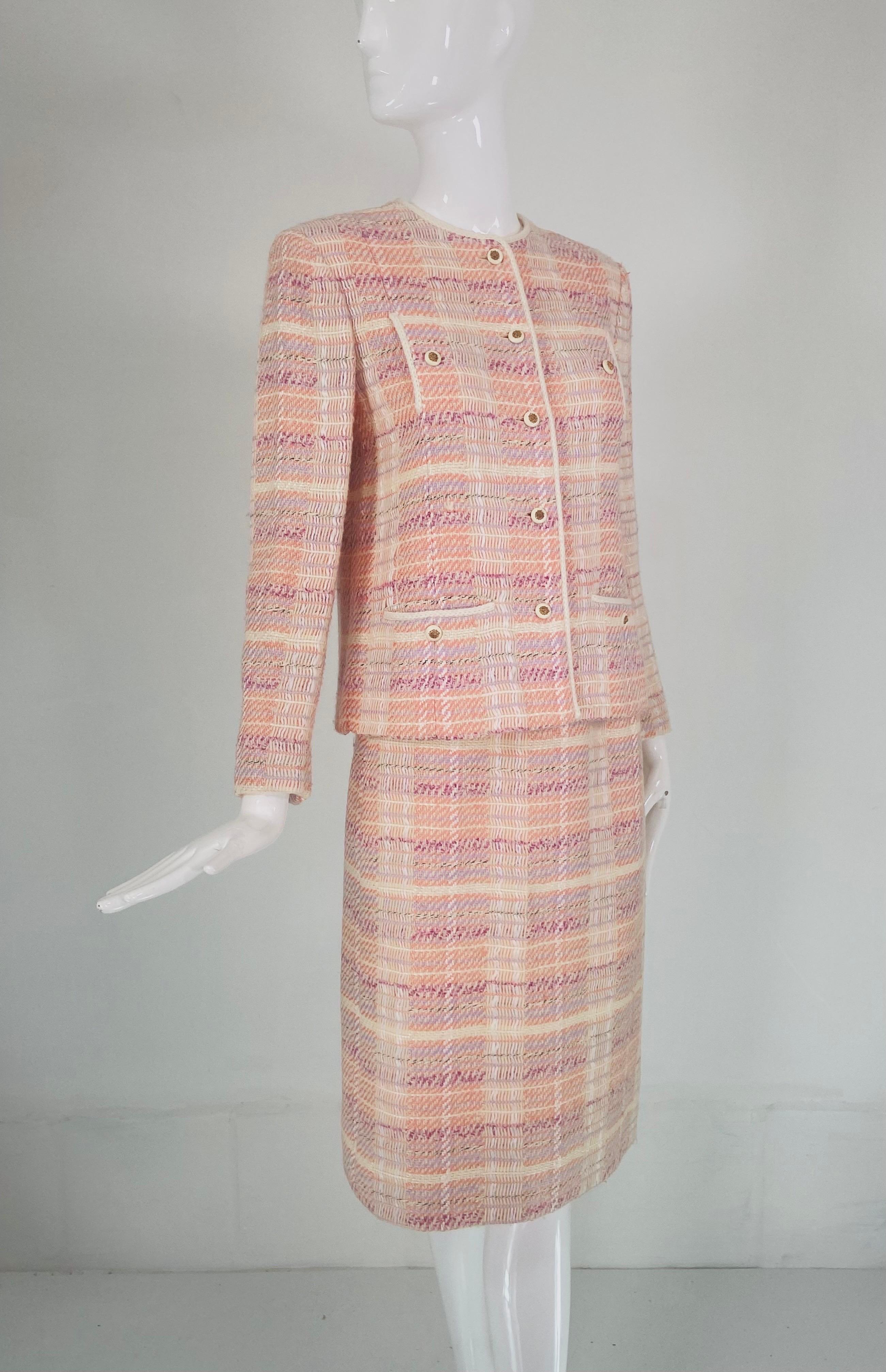 Chanel Creations colourful pastel, peach, cream, lavender, tweed skirt suit from the 1970s, when Chanel was still designing. Chanel Creations was the pret a porter label that was used until the Chanel Boutique label was introduced when Karl