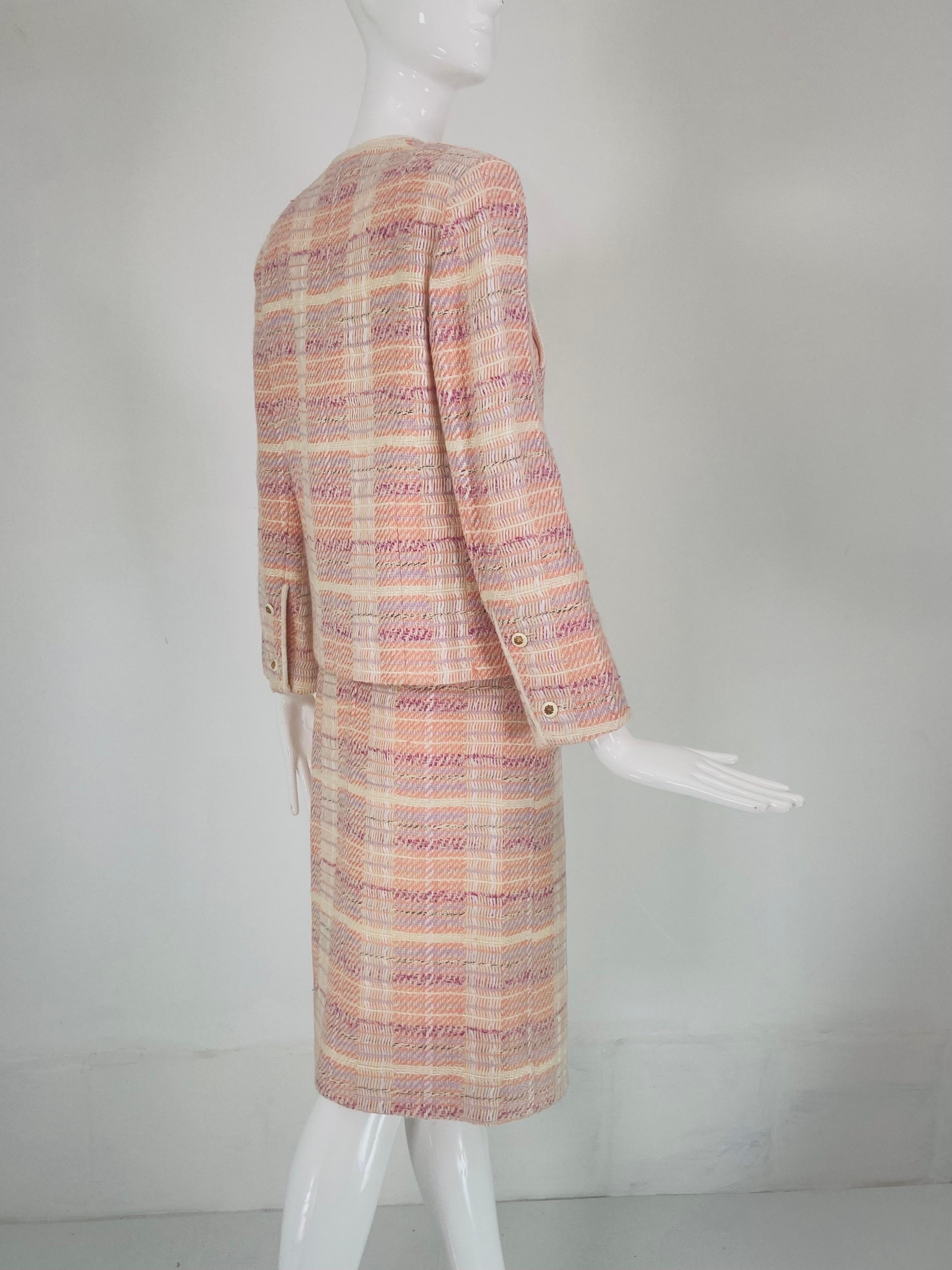 Chanel Creations Pastel Peach Cream Lavender Tweed Skirt Suit 1970s In Good Condition In West Palm Beach, FL