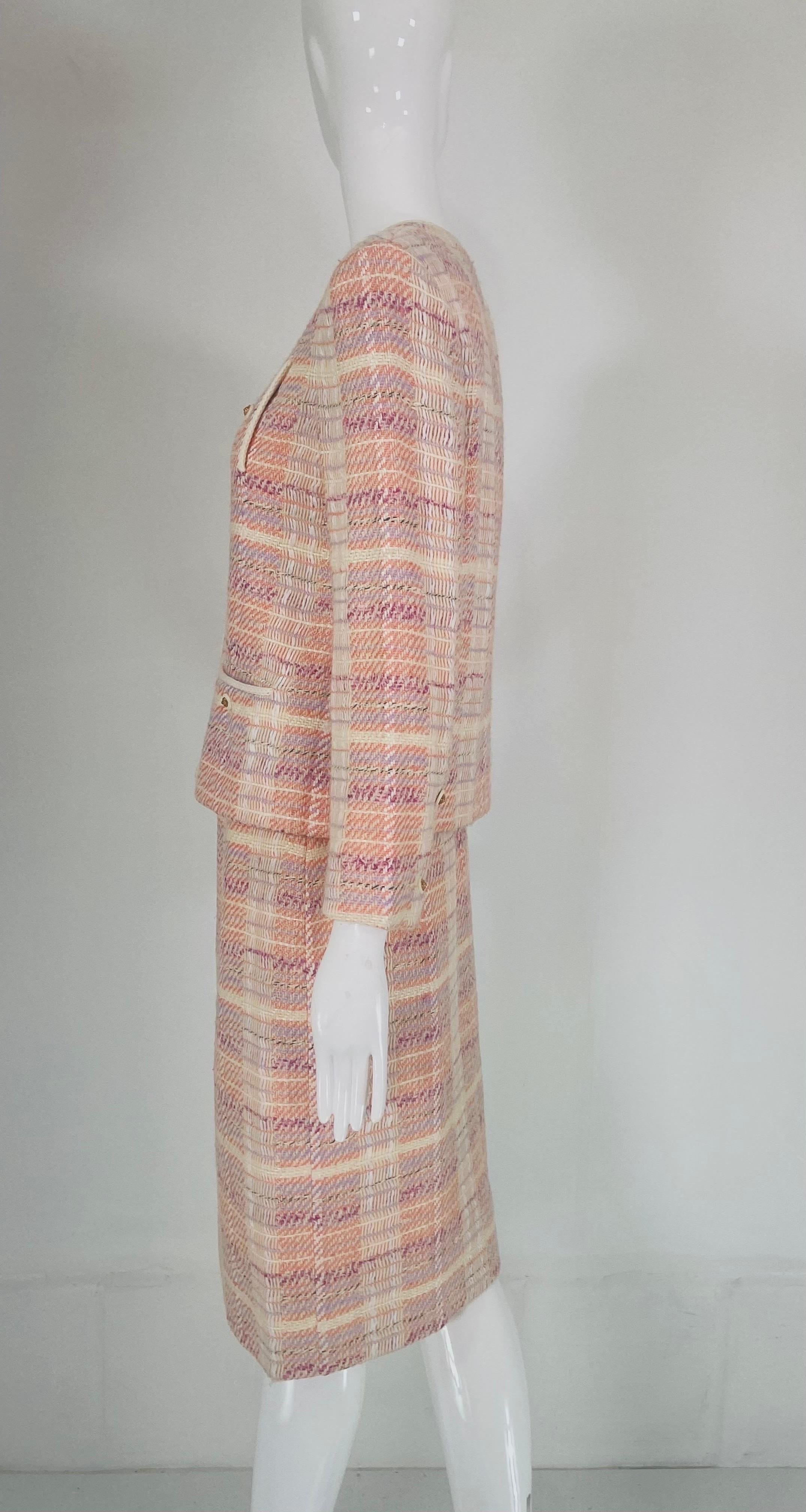 Women's Chanel Creations Pastel Peach Cream Lavender Tweed Skirt Suit 1970s