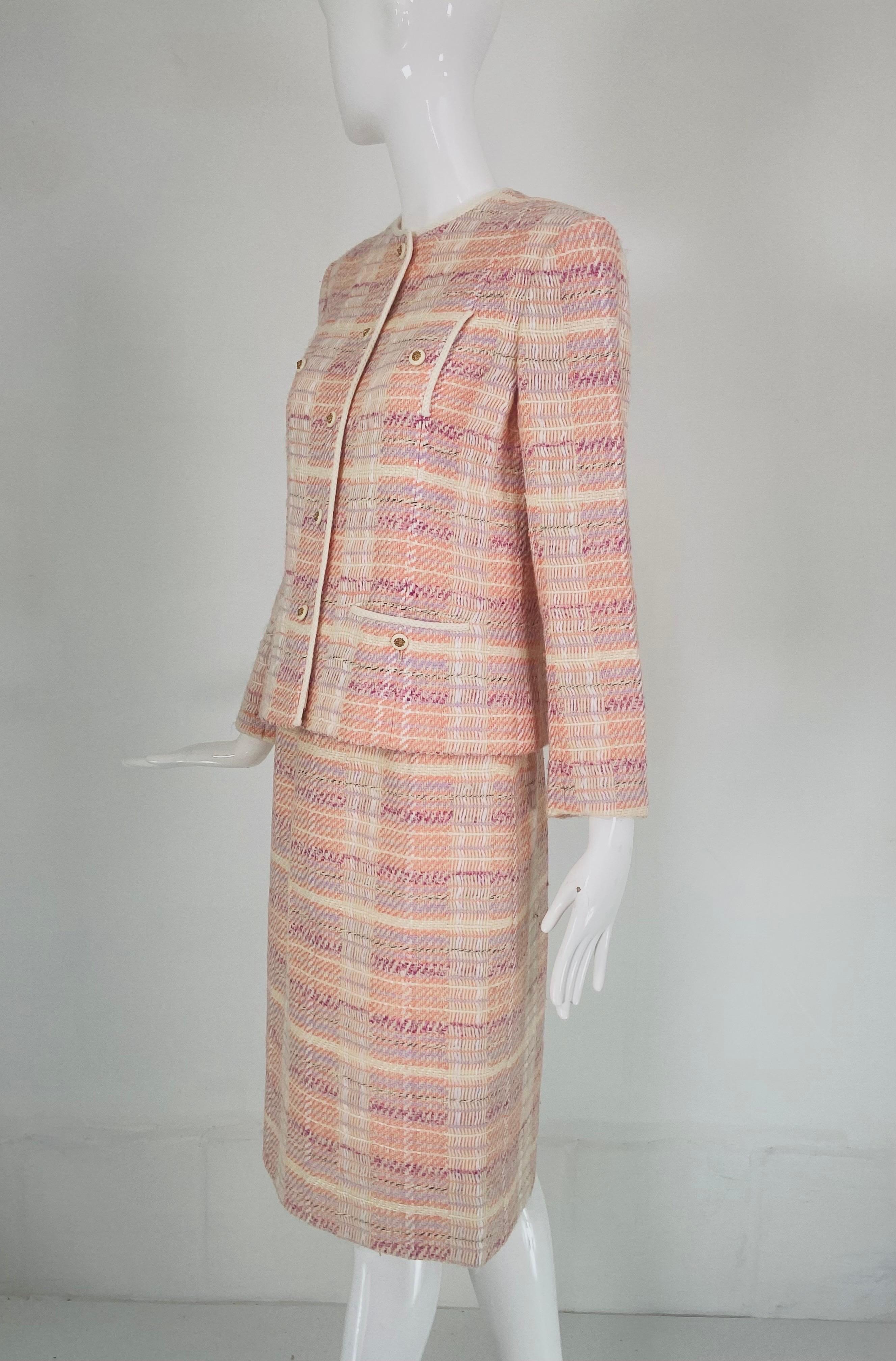 Chanel Creations Pastel Peach Cream Lavender Tweed Skirt Suit 1970s 1