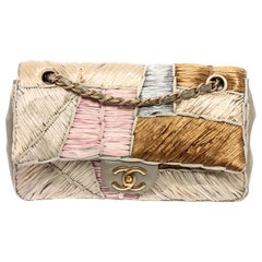 Chanel Creme Multicolor Patchwork Raffia Classic Medium Flap Bag