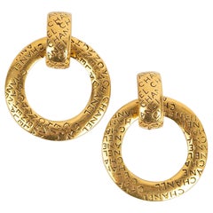 Chanel Creole Engraved Gold Metal Clip Earrings