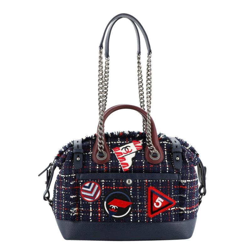 Chanel Crest Trip Bowling Bag Patch Embellished Tweed And Grained Calfskin Mediu