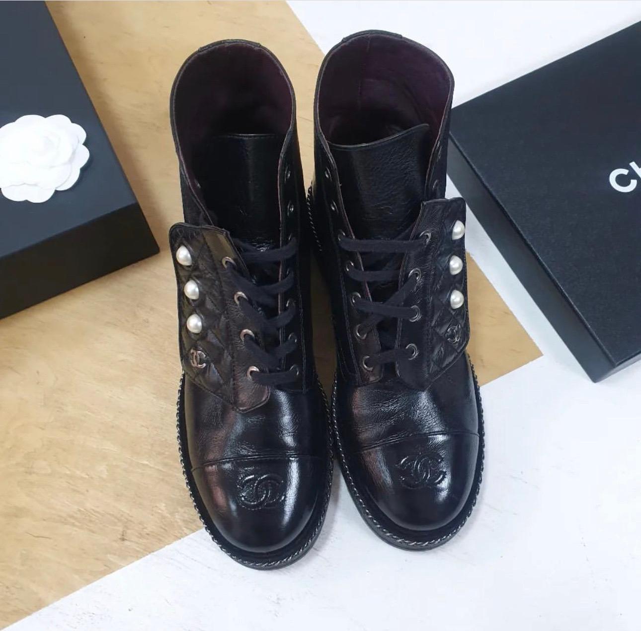 Women's Chanel Crinkled Calfskin Pearl Combat Ankle Boots 