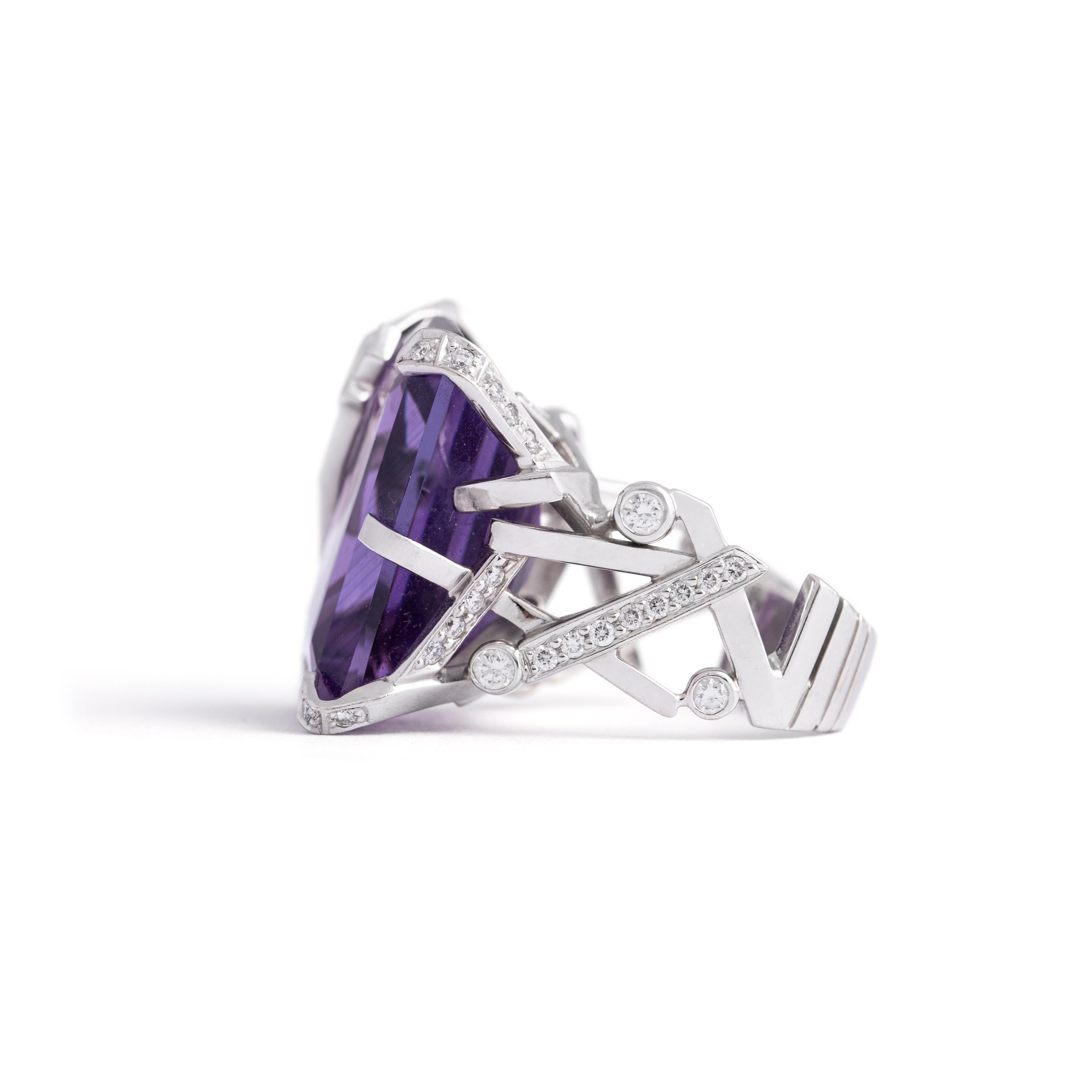 Emerald Cut Chanel Cristaux Glaces Amethyst Diamond 18K White Gold Ring For Sale