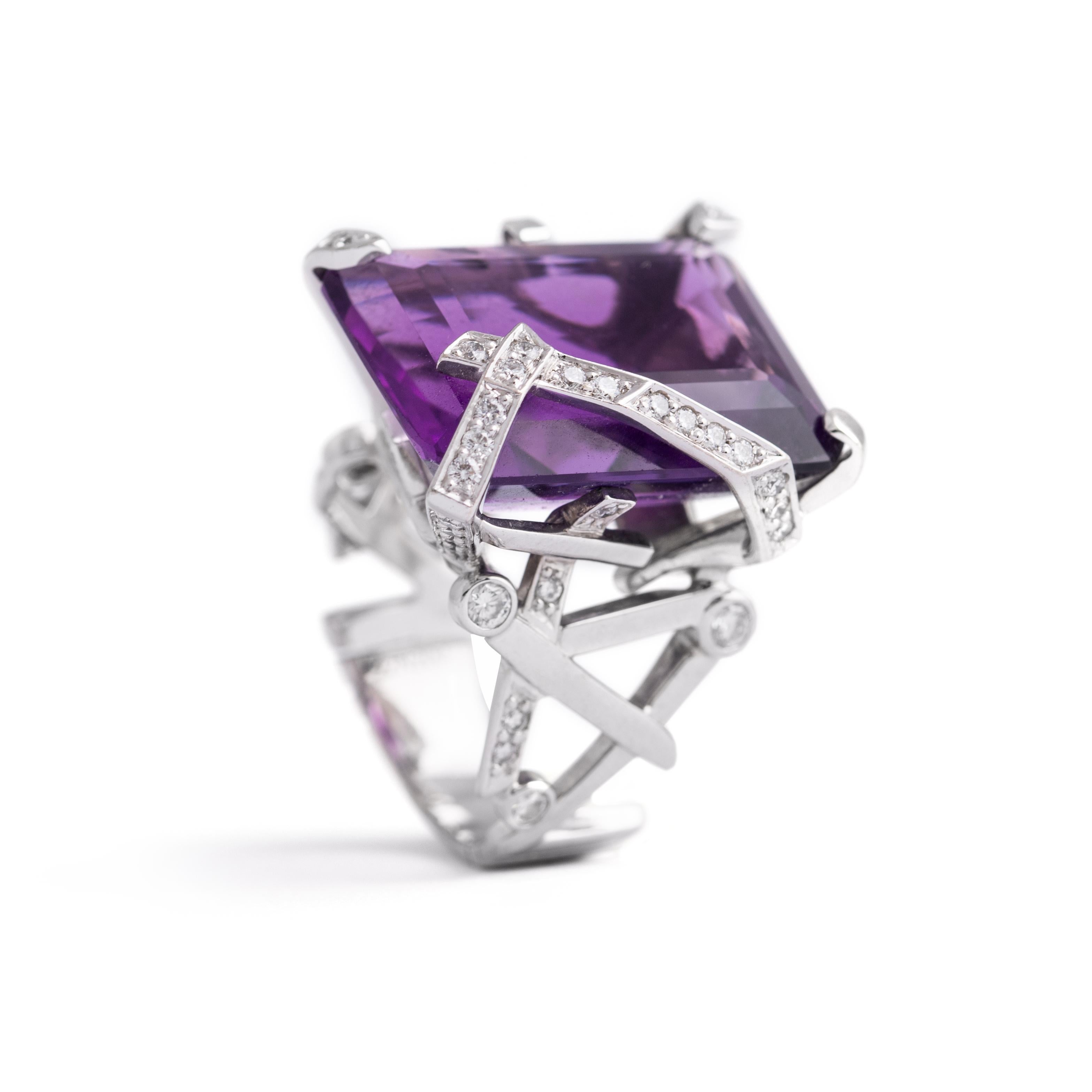 Women's or Men's Chanel Cristaux Glaces Amethyst Diamond 18K White Gold Ring For Sale