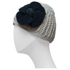 CHANEL Crochet Camellia Hat Beanie With Black Camellia Flower   Mint