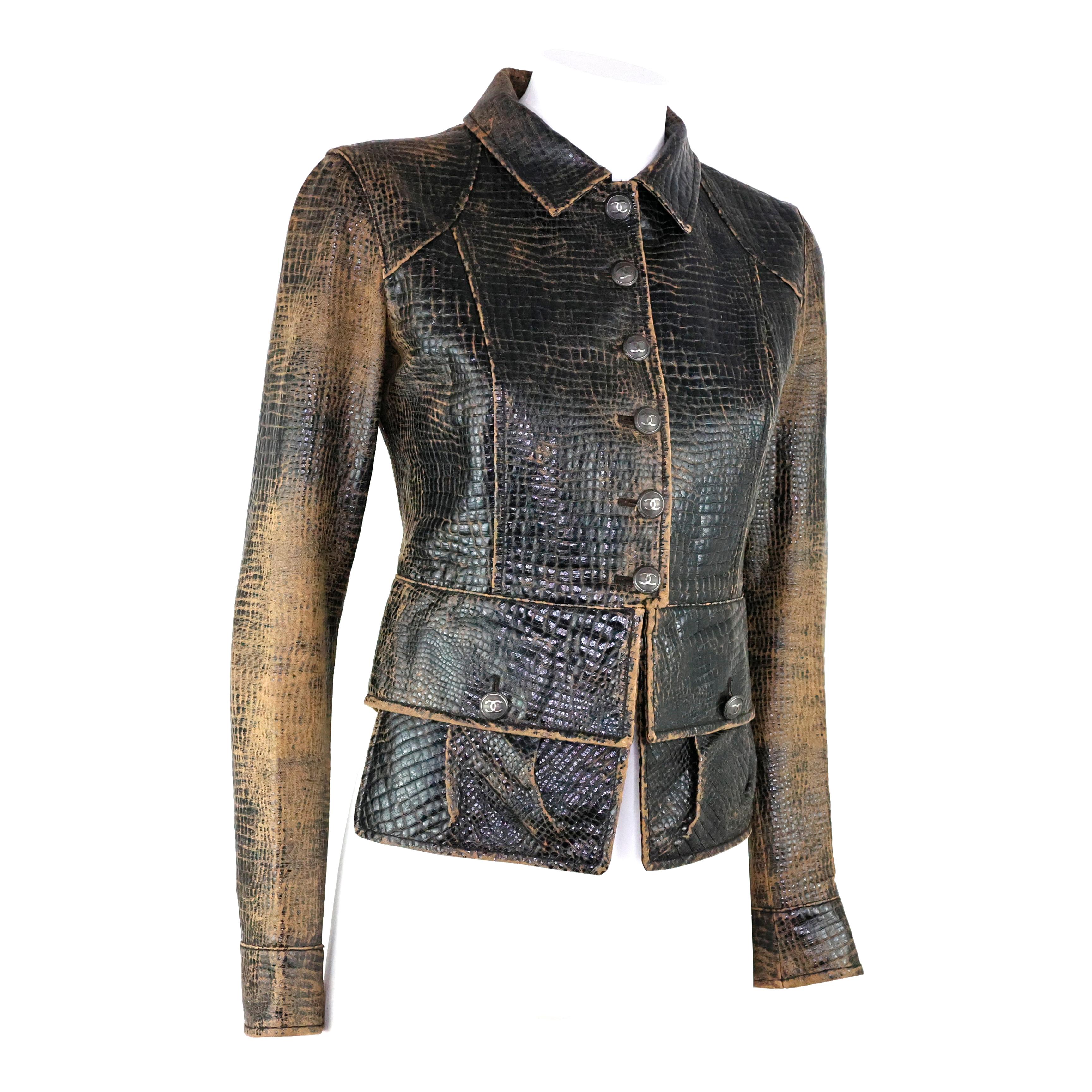 Chanel Croco Embossed Distressed Jacket In Excellent Condition In Bressanone, IT