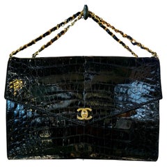 Vintage Chanel Crocodile Classic Jumbo Single Flap Handbag with Gold Hardware