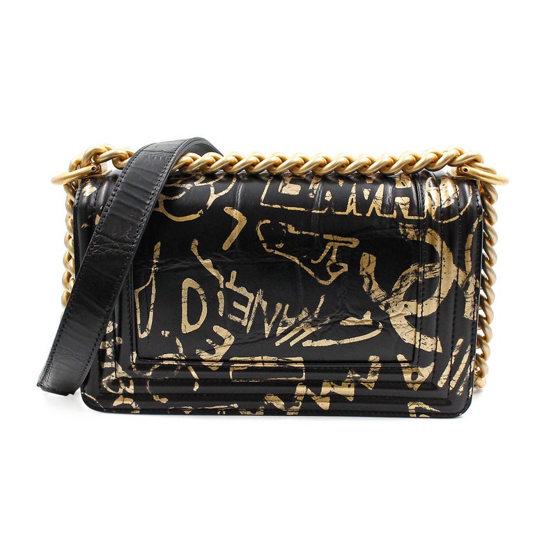 Chanel Black and Gold Crocodile-Embossed Leather Small Graffiti Boy Bag
