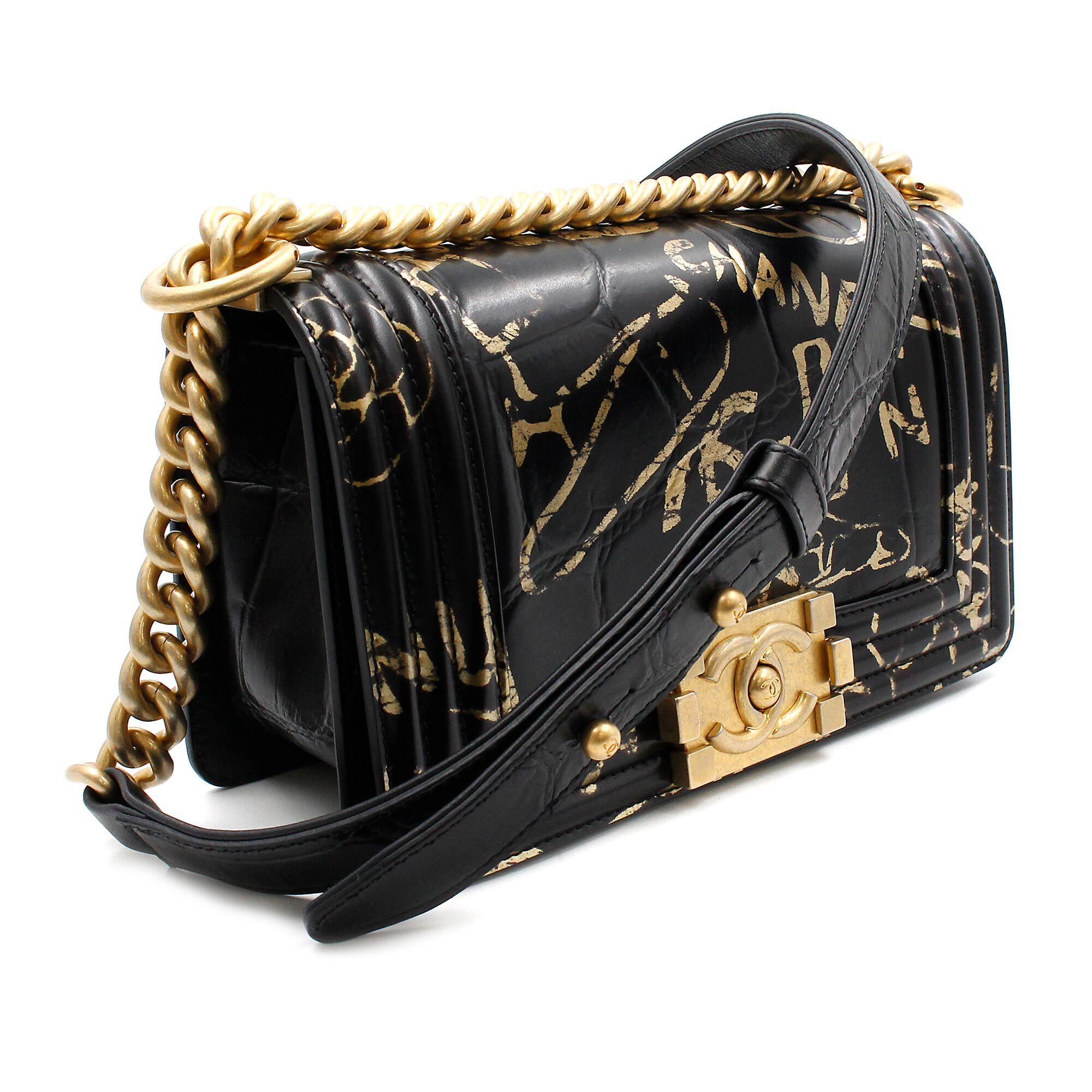 crocodile embossed printed leather & gold-tone metal