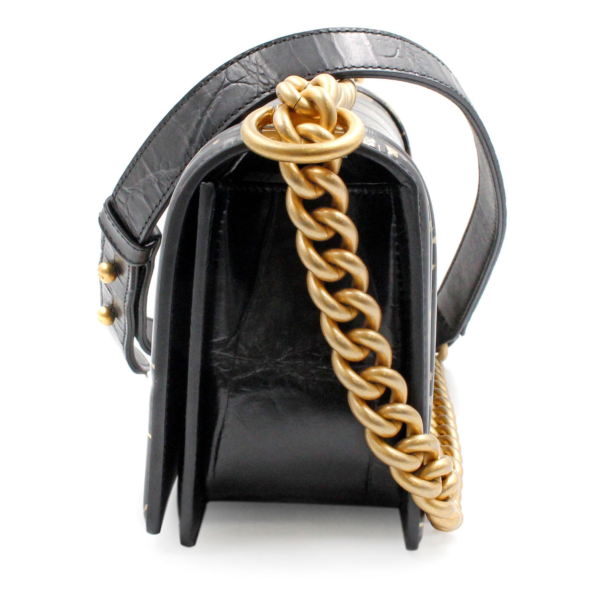 Black Chanel Crocodile Embossed Printed Leather & Gold-Tone Metal Small Boy Bag A67085