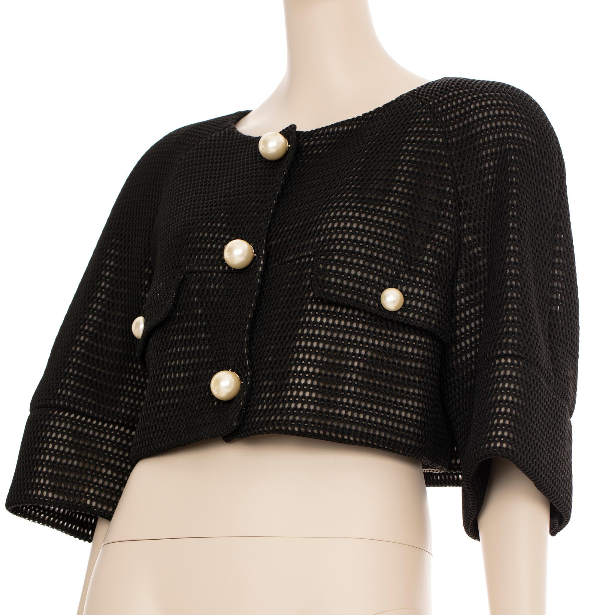 Chanel Chaqueta negra de malla recortada con detalles de perlas de imitación 42 FR Negro
