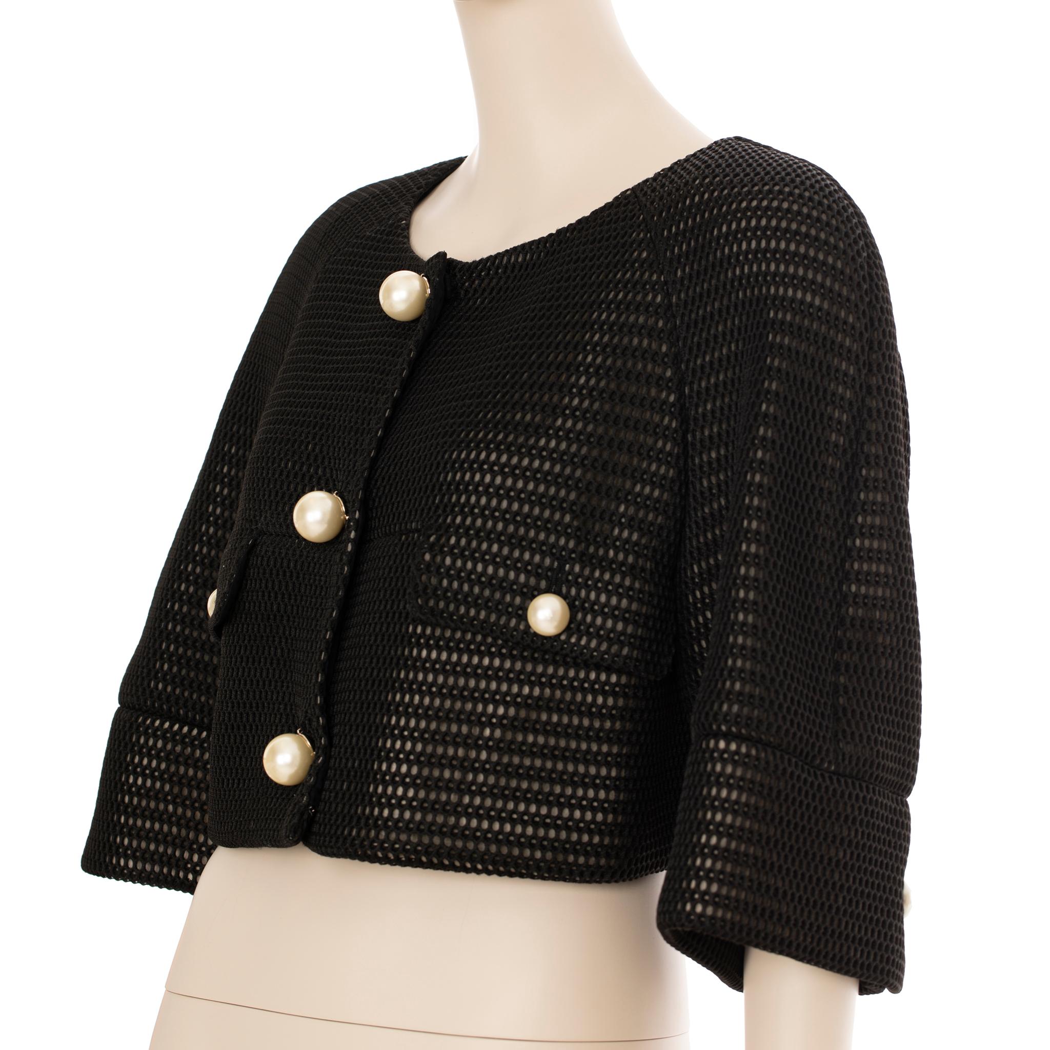 Women's Chanel Crop Mesh Black Jacket With Faux Pearl Details 42 FR For Sale