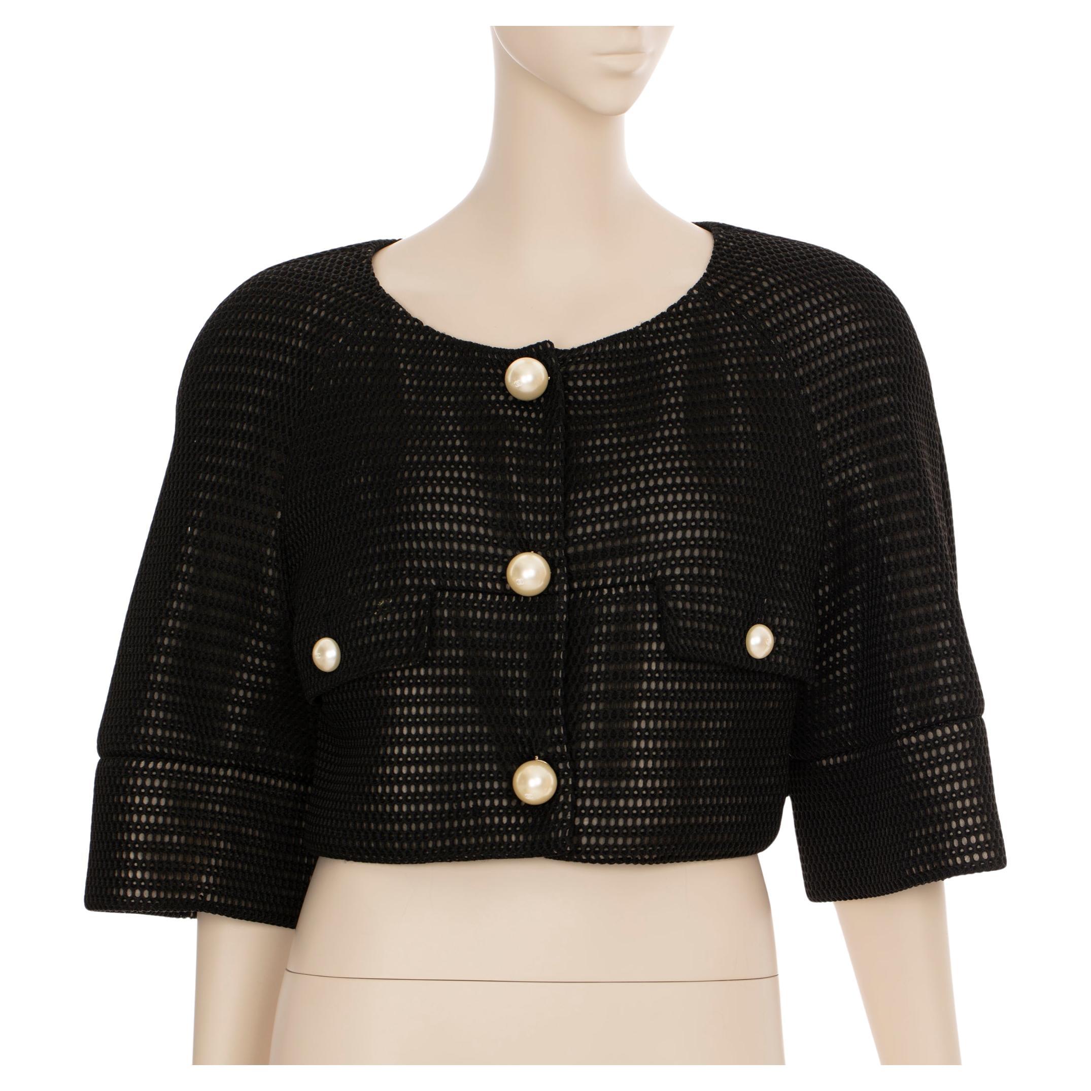 Chanel Crop Mesh Black Jacket With Faux Pearl Details 42 FR For Sale