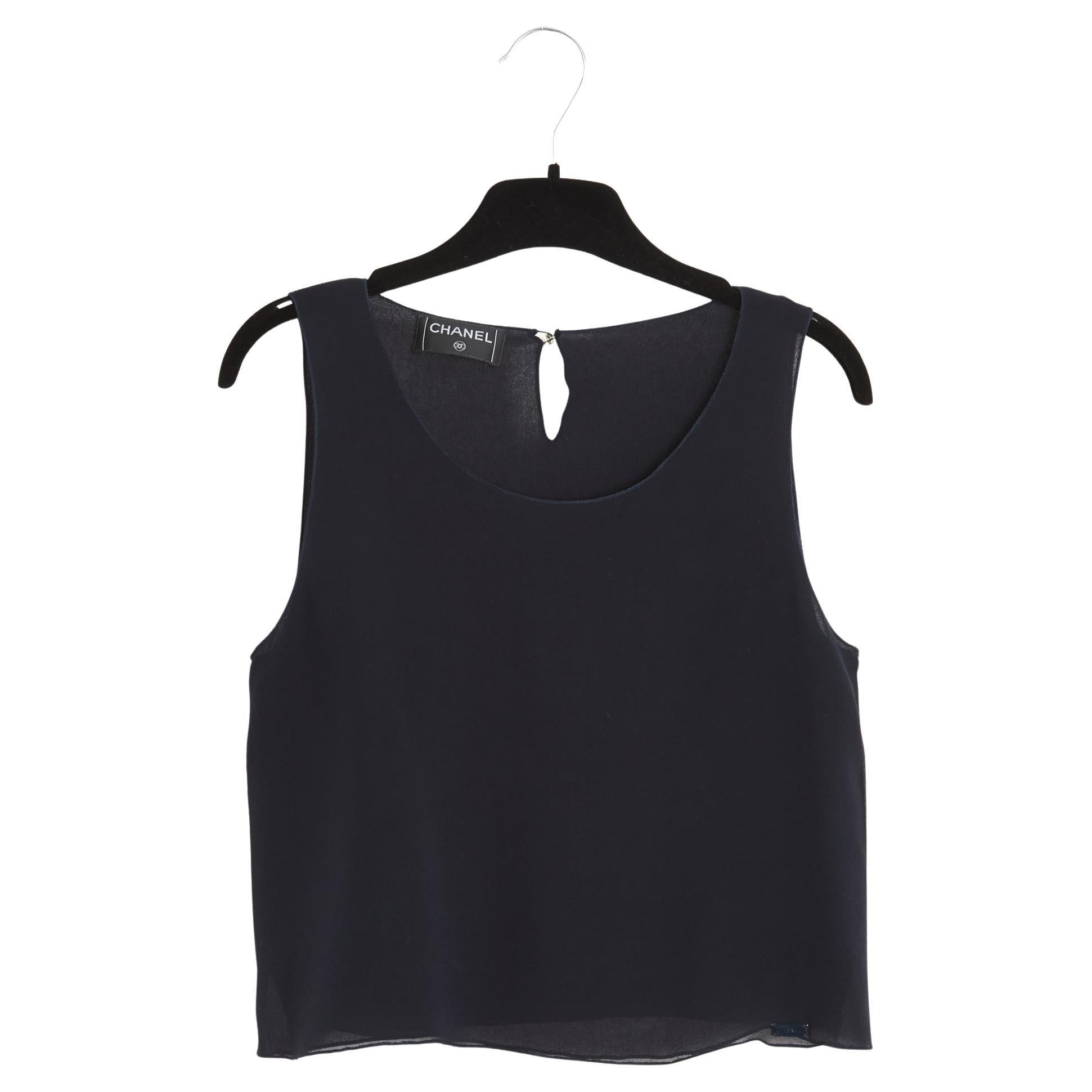 Chanel Crop Top marino FR36 Azul marino Seda Crepe Cropped Top Blusa UK8 US6 en venta