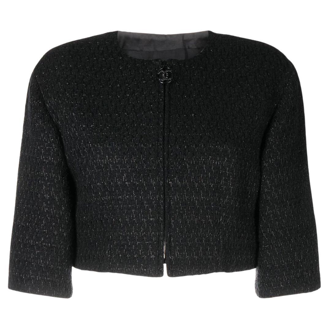 Chanel Cropped Black Zip-up Tweed Jacket 