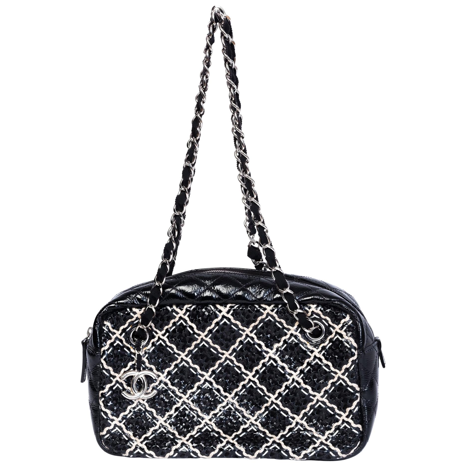 Chanel Vintage Woven Fabric and Patent Leather Diamond Stitch Camera Bag  (2011) For Sale at 1stDibs
