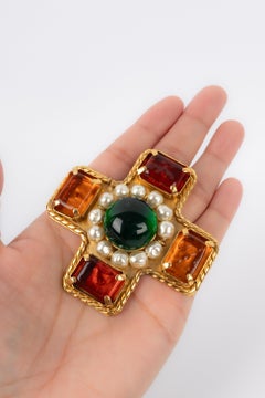 Chanel Cross Brooch with Cabochons and Costume Pearls, 2005