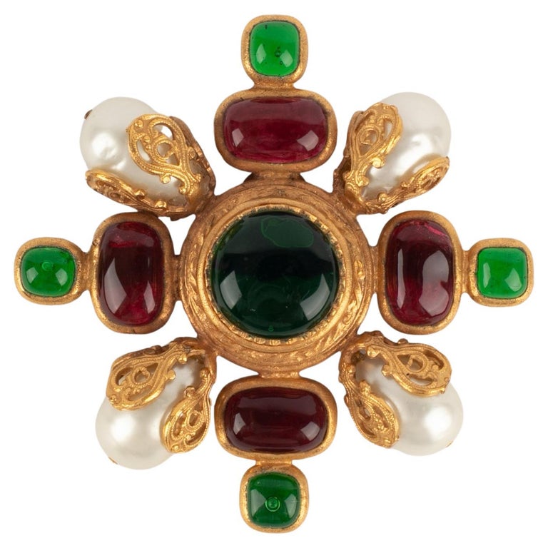 Chanel Cross Brooch with Glass Paste and Costume Pearls, 1994 at