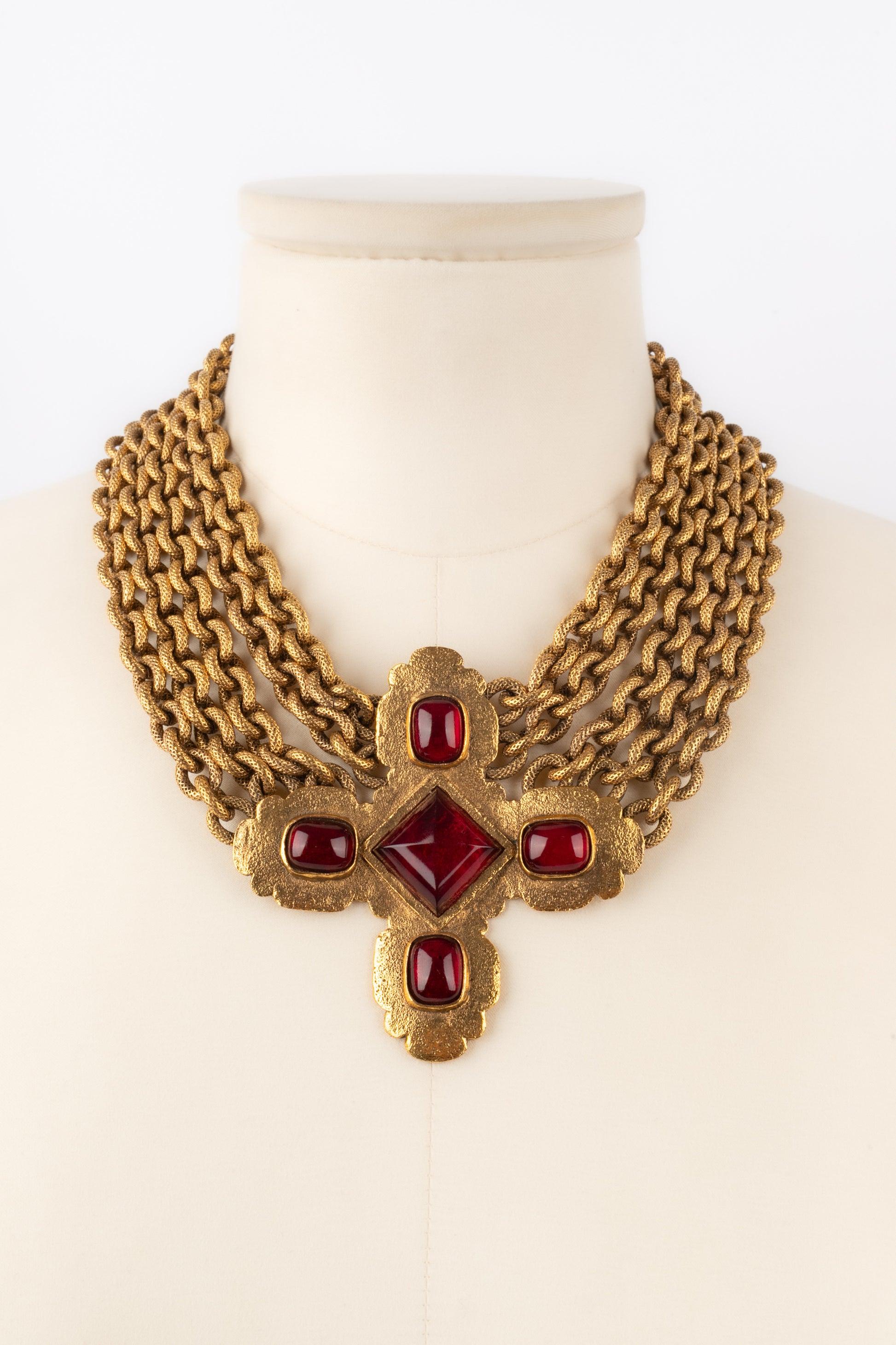 Women's Chanel Cross Golden Metal Short Necklace with Red Glass Paste, 1990s For Sale