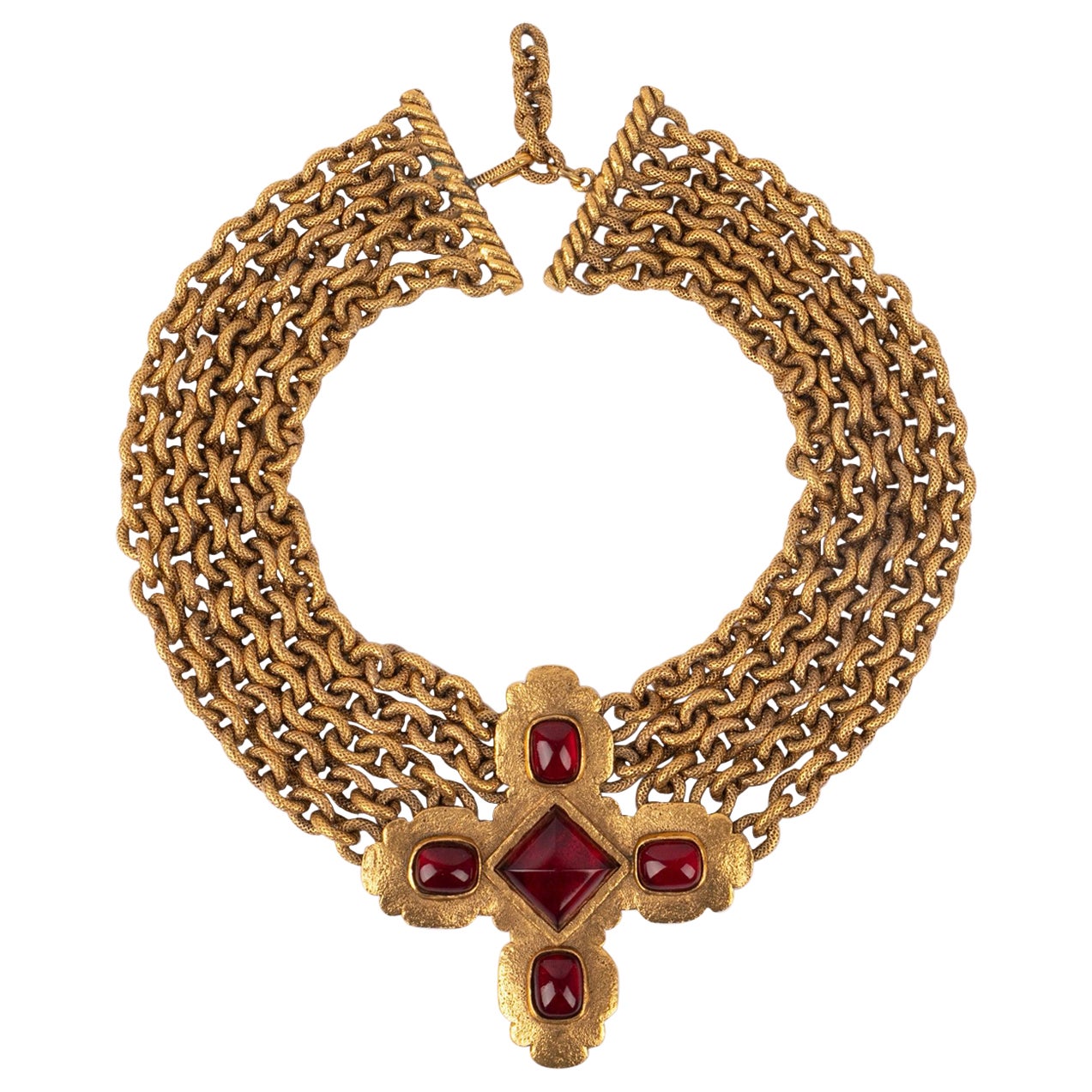 Chanel Cross Golden Metal Short Necklace with Red Glass Paste, 1990s