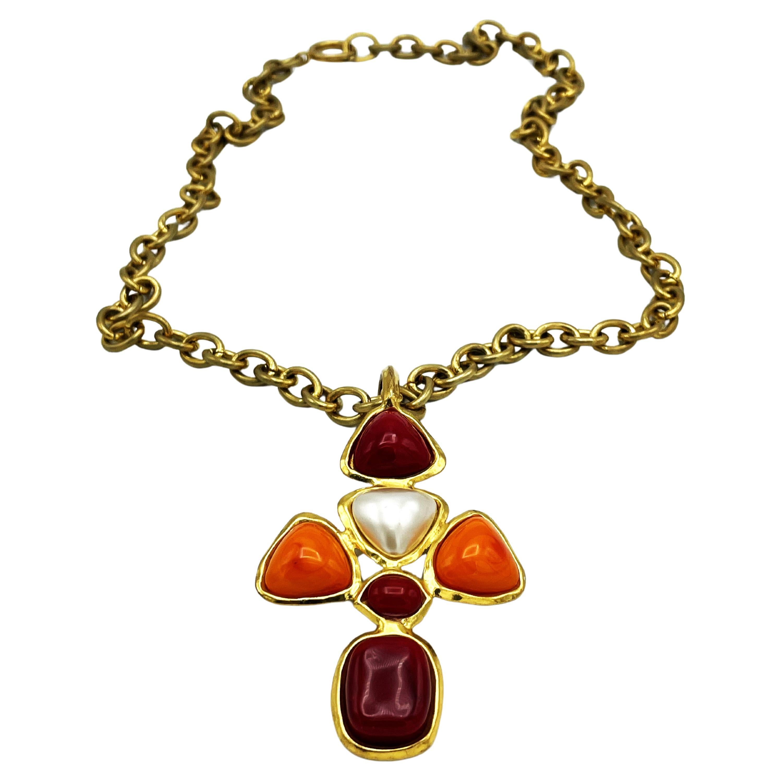 CHANEL CROSS NECKLACE wine red + orange Gripoix glass, faux pearl, signed 93 P For Sale