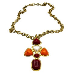 Vintage CHANEL CROSS NECKLACE wine red + orange Gripoix glass, faux pearl, signed 93 P