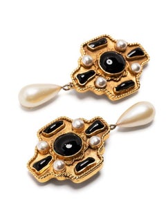 Chanel Cross pearl teardrop clip-on earrings