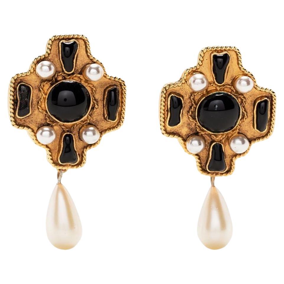 Chanel Cross pearl teardrop clip-on earrings