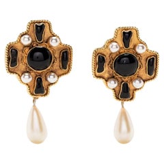 Used Chanel Cross pearl teardrop clip-on earrings
